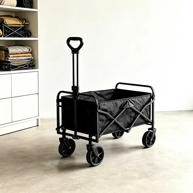 Foldable handcart with wheels, heavy-duty foldable multifunctional handcart, 360 °   Rotating all-terrain wheels and adjustable handle, portable foldable shopping cart, suitable for camping, sports, gardening, and shopping, black