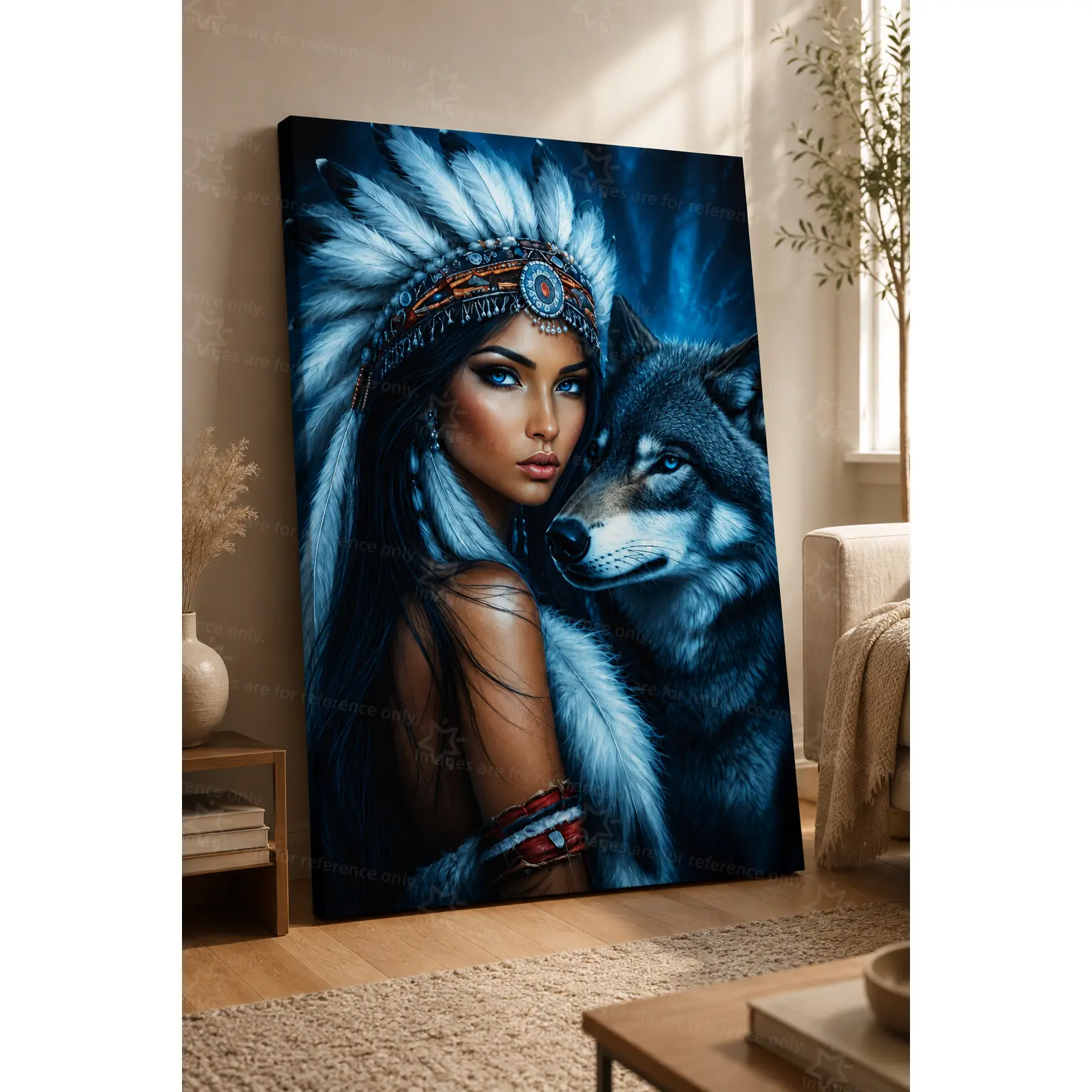 Vibrant Blue Mystic Tribe Feather Motif Headdress & Gray Wolf Canvas Art Poster, Multi-Size Home Decor Wall Accents with Gift Ideas for Bedroom & Living Room, Room Accents