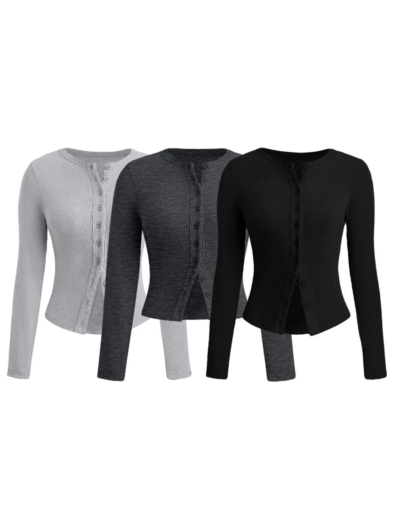 Women's Plain Basic Button Front Ribbed Tee, Casual Long Sleeve Round Neck T-Shirt for Spring & Fall, Women's Top for Daily Wear