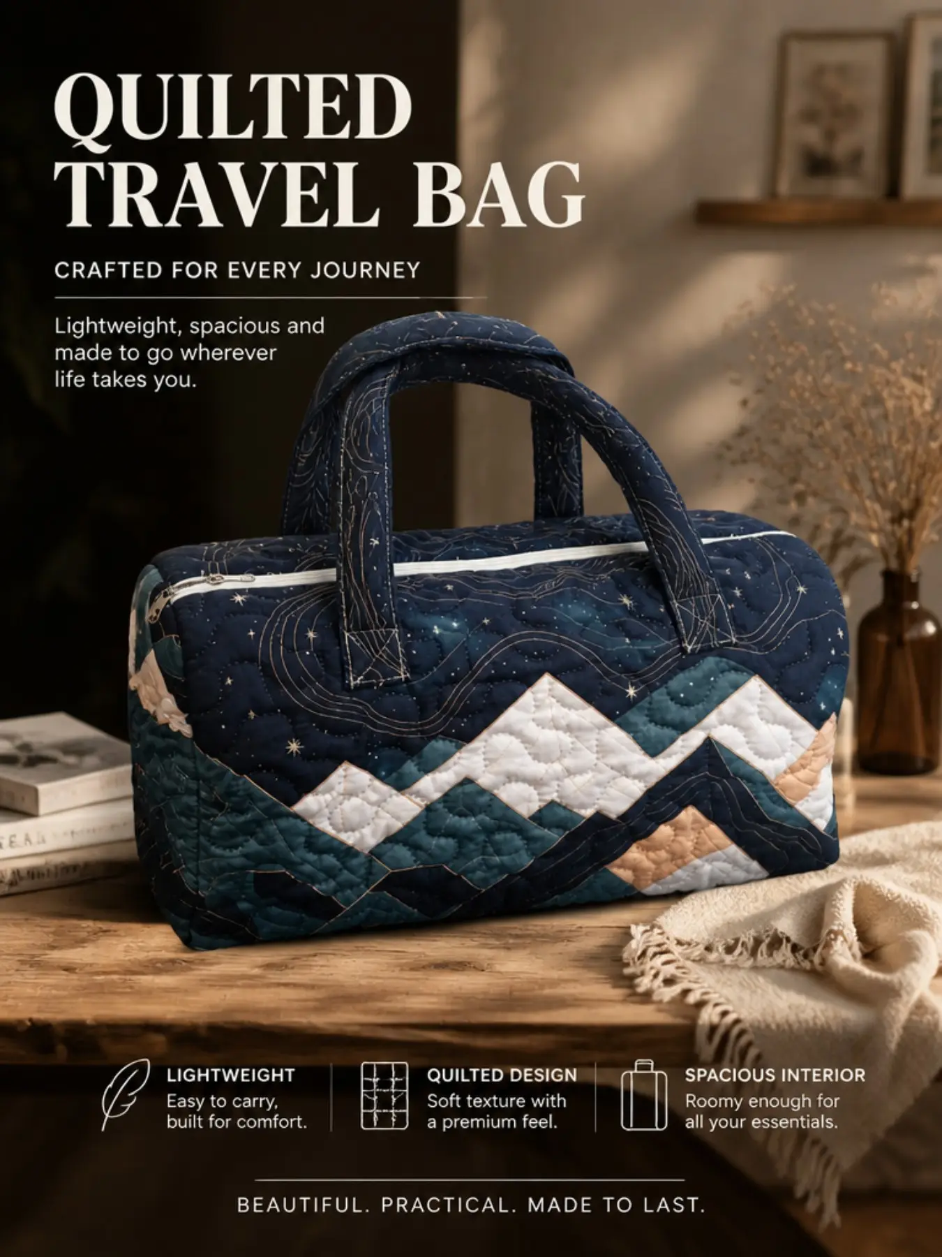 Starry Mountain Quilted Duffle Bag Women Lightweight Large Capacity Weekend Overnight Travel Handbag Portable Gym Carry On Luggage Bag