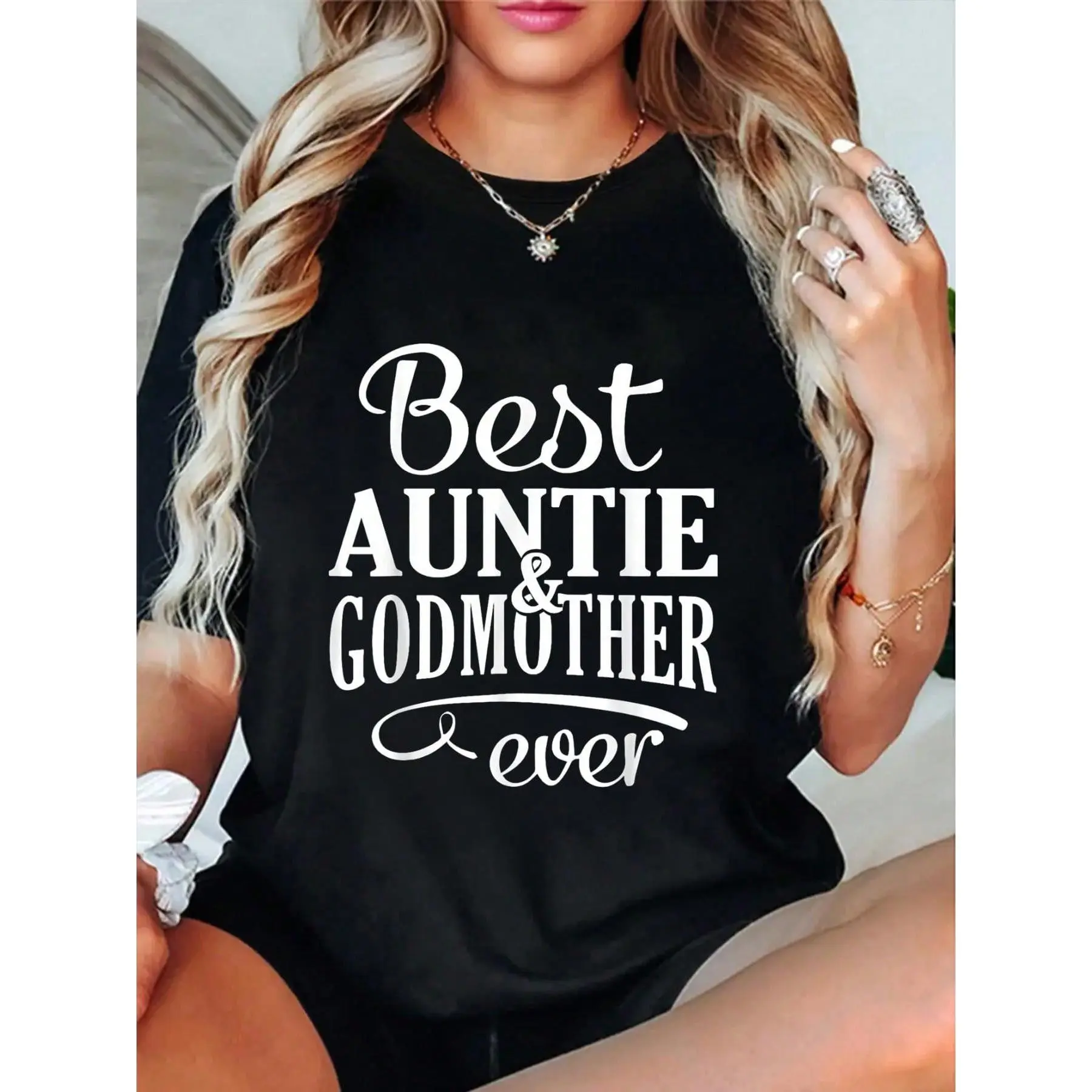 100% Cotton Best Auntie & Godmother Ever Tee Aunt T-Shirt crew neck graphic t-shirt