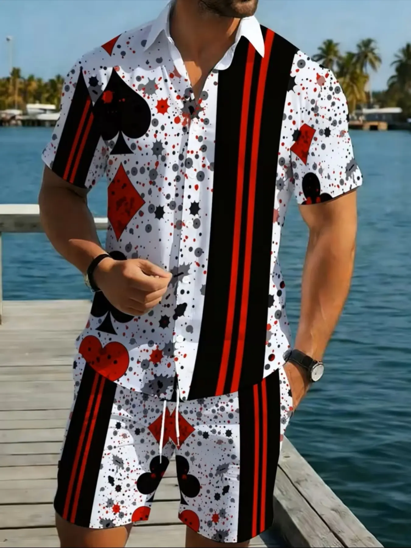 Men Poker Playing Card Print 2 Piece Outfits, Short Sleeve Button Down Hawaiian Shirt and Drawstring Shorts Set, Striped Spade Heart Diamond Club Graphic Summer Beach Vacation Matching Suit, Lightweight Casual Streetwear Tracksuits for Las Vegas Casino Pa