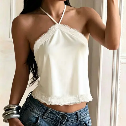 Lace Trimmed Satin Halter Top, Elegant Chic Women's Clothing, Perfect for Special Occasions, Stylish and Comfortable Design