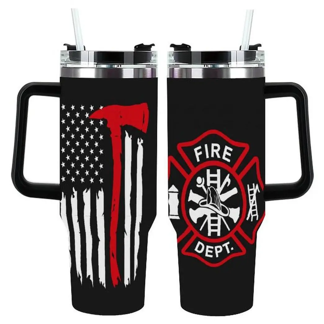 Firefighter Tumbler Thin Red Line Flag , Fire Dept Maltese Cross Design , Insulated Stainless Steel Travel Cup for Firemen