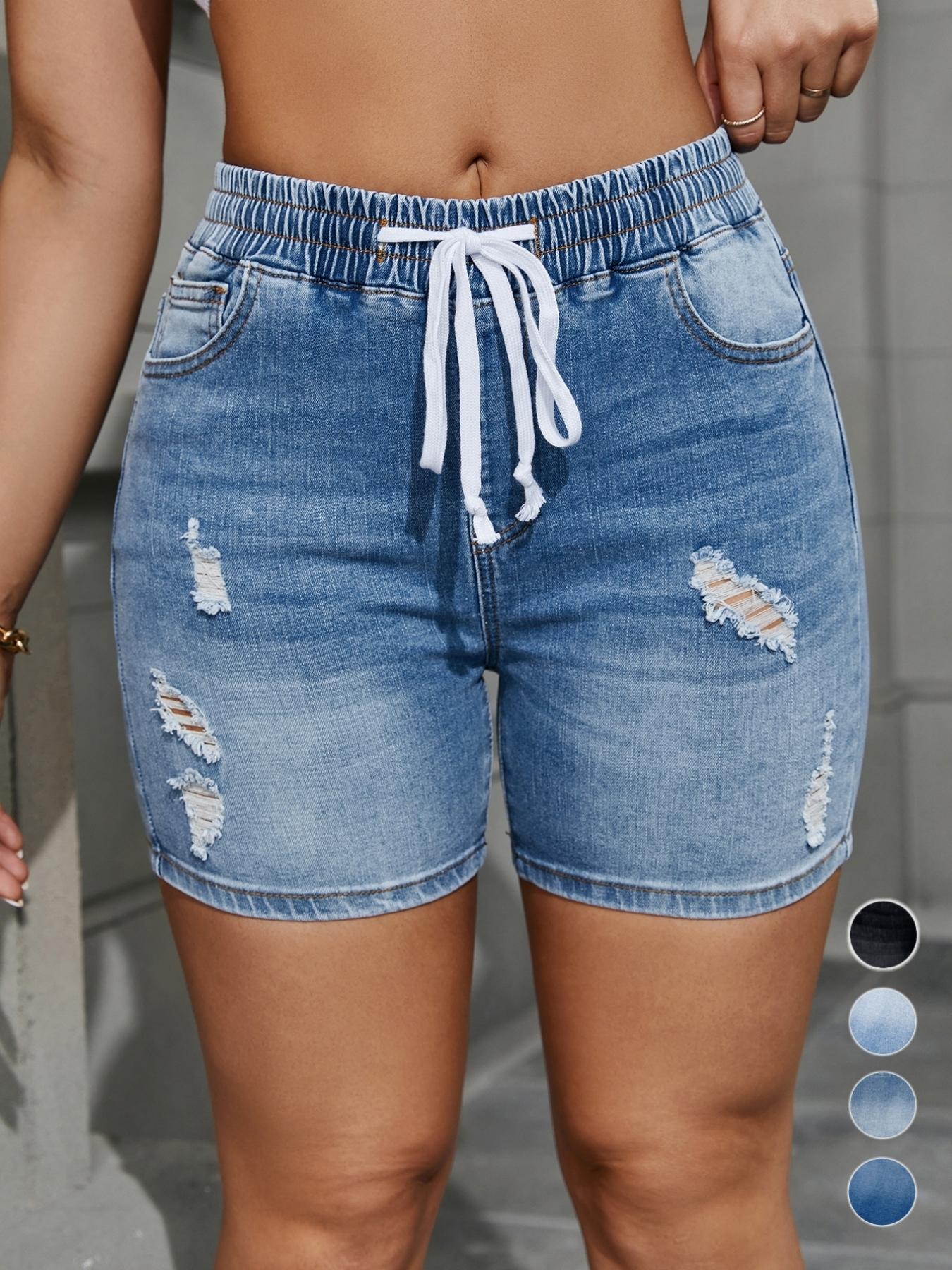 Women's Ripped Drawstring Waist Denim Shorts, High Waisted Stretchy Jean Shorts, Casual Fashion Pocket Jeans Shorts for Daily Everyday Wear, Summer Outfits 2024, Summer Clothes, Lady Summer Bottoms, Womenswear, Basic