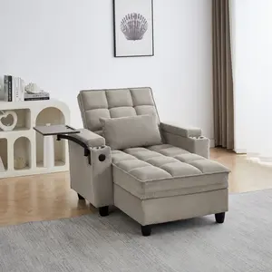 Khaki Chaise Lounge Sofa,Sleeper Chair Bed with 6-Position Adjustable Backrest,USB Ports, Cup Holder and Swivel Side Table