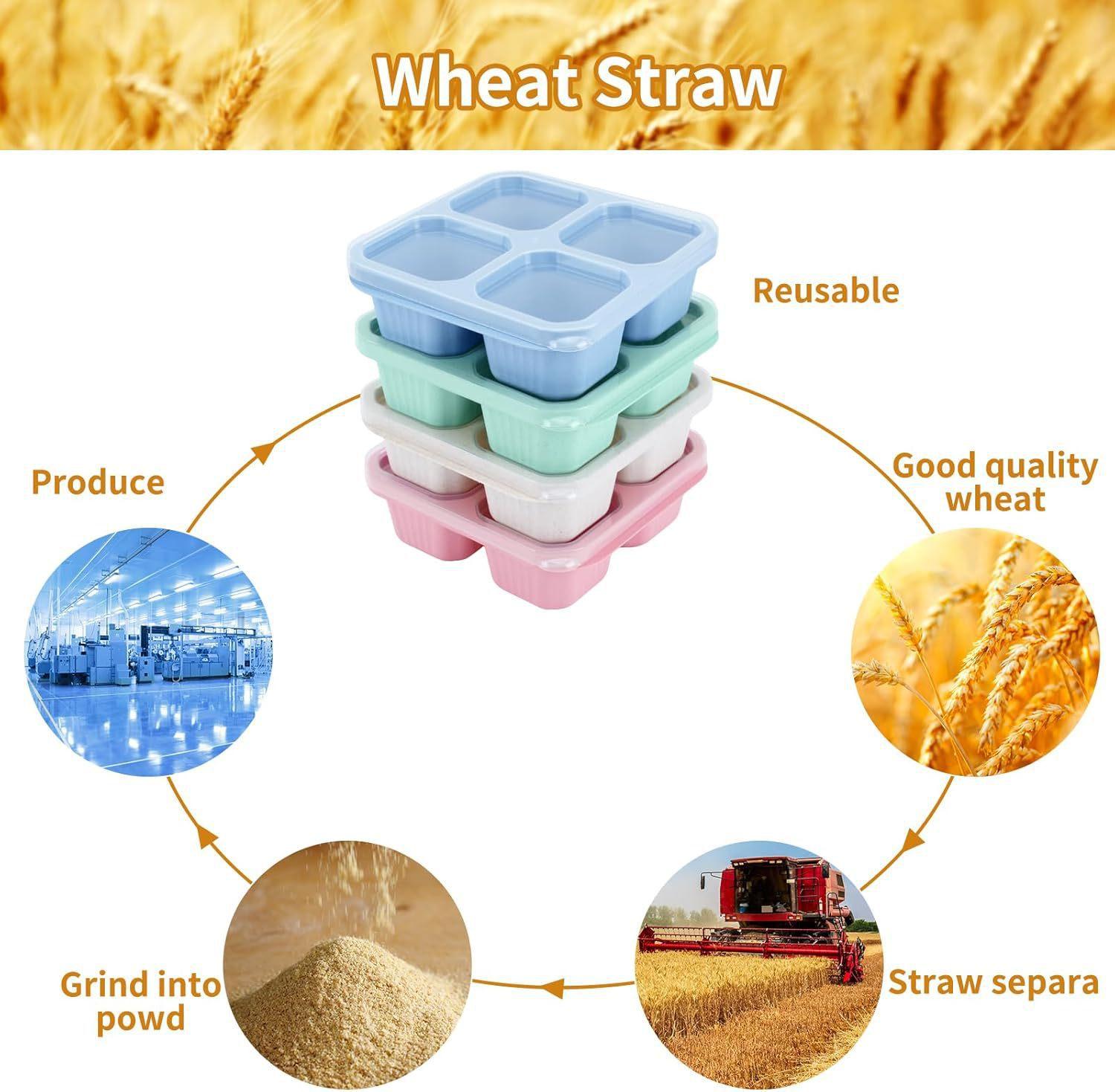 4-Piece Wheat Straw Four-Compartment Snack Boxes Reusable BPA-Free Lunch Bento Containers Stackable for School Work Travel with Cat Ears Lid & Sauce Holders - Cover