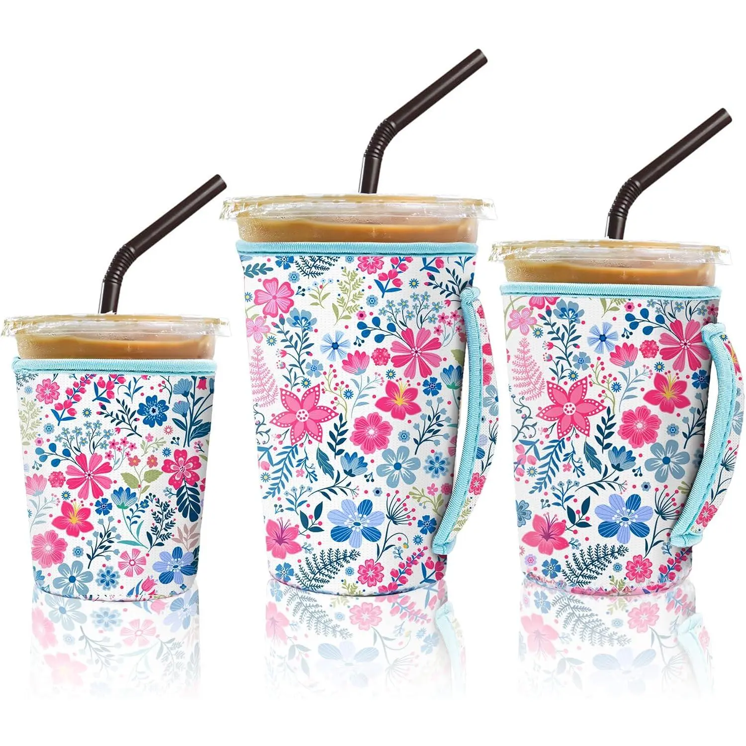 3 Pack Iced Coffee Sleeve, Drink Sleeve Fits 16-32 oz (Flower cluster) |  Neoprene Cup Sleeve with Handle, Coffee Cup Sleeves for Hot and Cold Drinks  Coffee Dunkin Coffee,