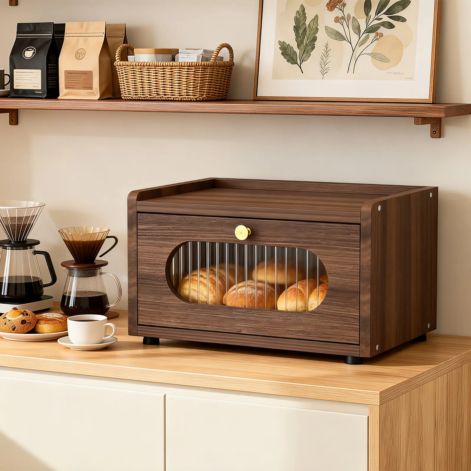 Modern Rectangular Particle Board Bread Storage Shelf - 14.37 x 9.25 x 8.66 in, Sturdy Stackable Kitchen Organizer with Acrylic Window Drawer, Magnetic Lock, Ventilated Board, Easy Assembly, Under-Cabinet Fit for Daily Use Freshness Preservation