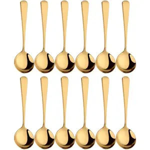 Round Spoon Set, 12-Piece Reusable Stainless Steel Dinner Table Cereal Soup Spoon, Camping Ramen Spoons Gold