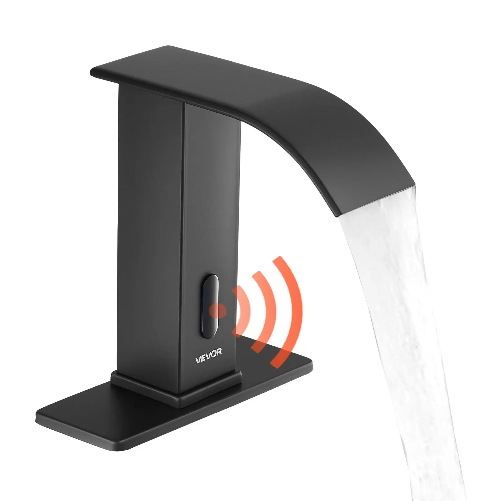 VEVOR Touchless Bathroom Sink Faucet, Automatic Motion Sensor Waterfall Restroom Toilet Faucet with Hole Cover Plate, Battery Operated, Hot/Cold Water for 9/16 in Pipe Commercial Lavatory, Matte Black