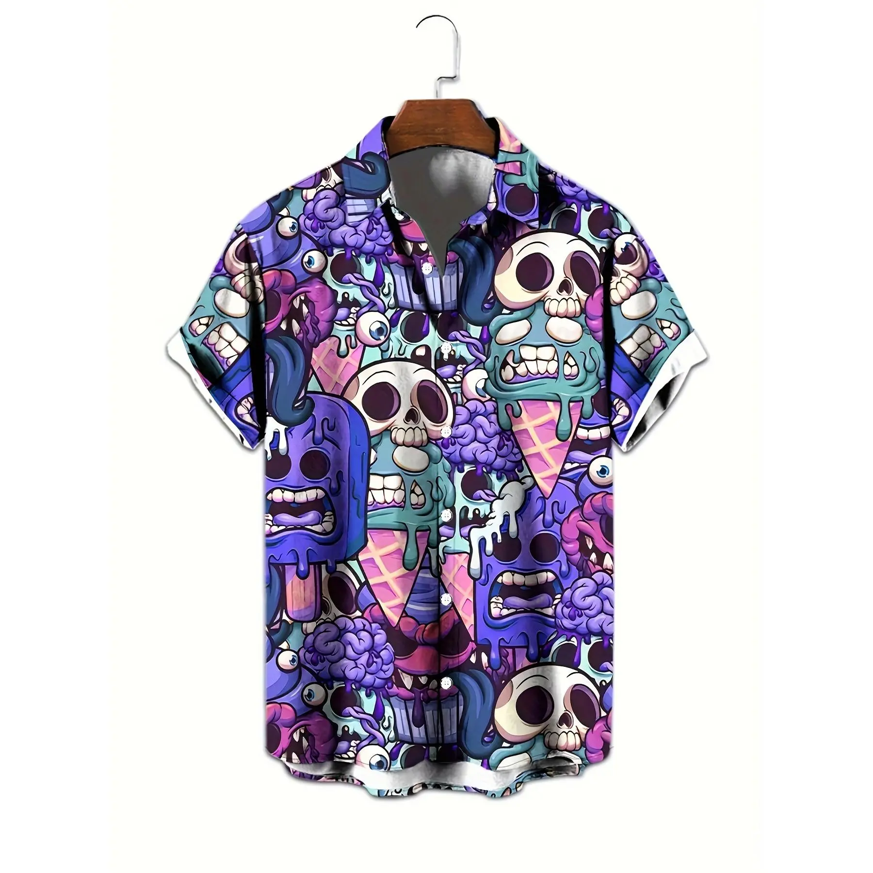 Eye-catching design, men's casual purple 3D skull print shirt - breathable polyester fiber, machine washable, perfect for summer outings and everyday beach wear