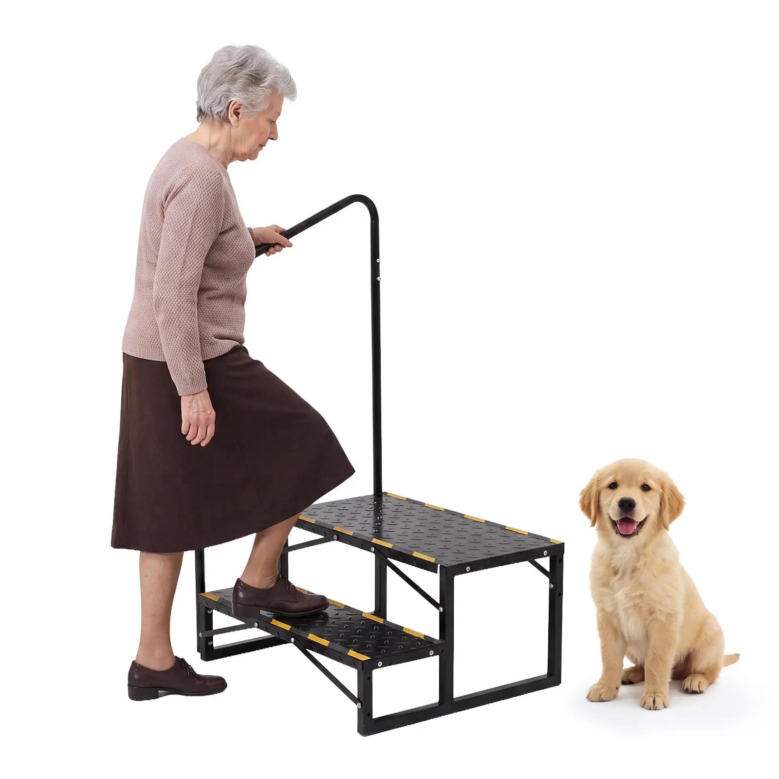 Anti-Slip Heavy-Duty Portable RV Steps with Removable Single Handrail, Metal Camper Entry Stairs for Travel Trailer, Mobile Home & Outdoor Access