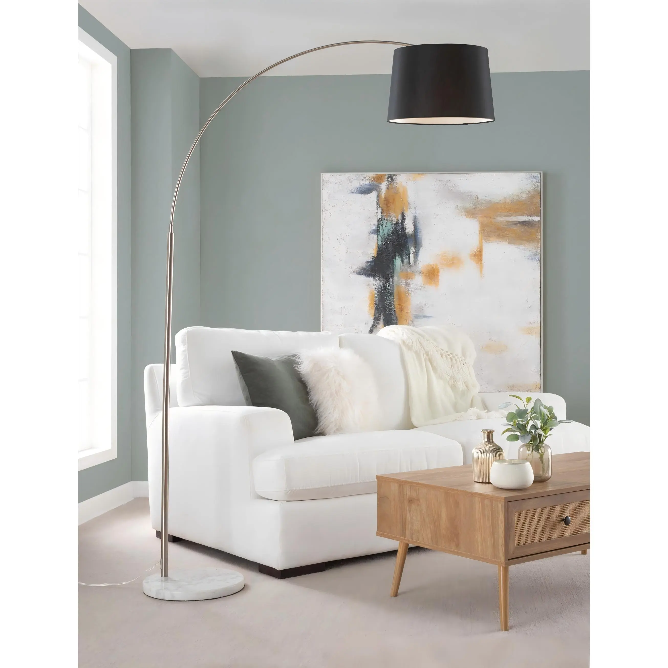 Nokaa March Contemporary Floor Lamp – White Marble Base, Nickel Finish, Black Linen Shade – Modern Standing Light for Living Room, Bedroom, Office – Indoor Home Decor Lighting Fixture