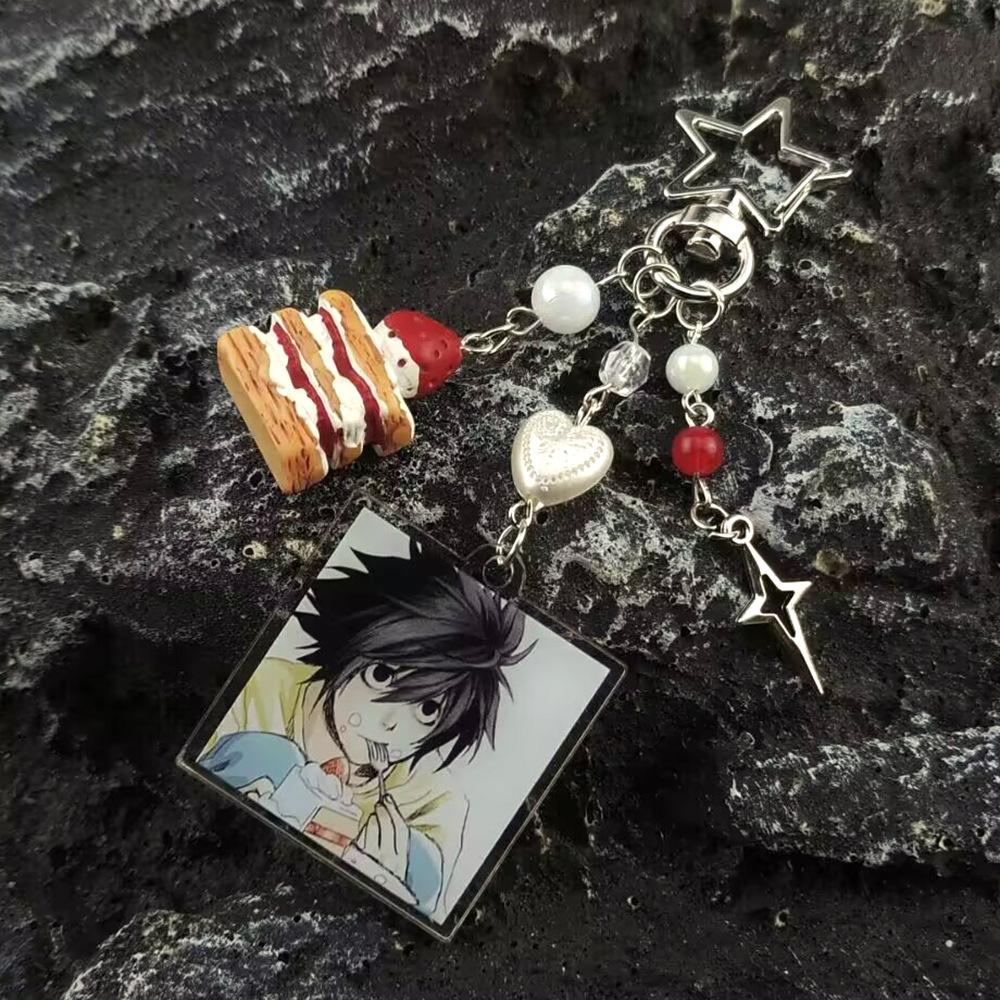 Handmade Anime Death Note L Lawliet Cake Beaded Keychain Bags Charms Aesthetic Handbag Pendant Key Ring Toys Christmas Gifts
