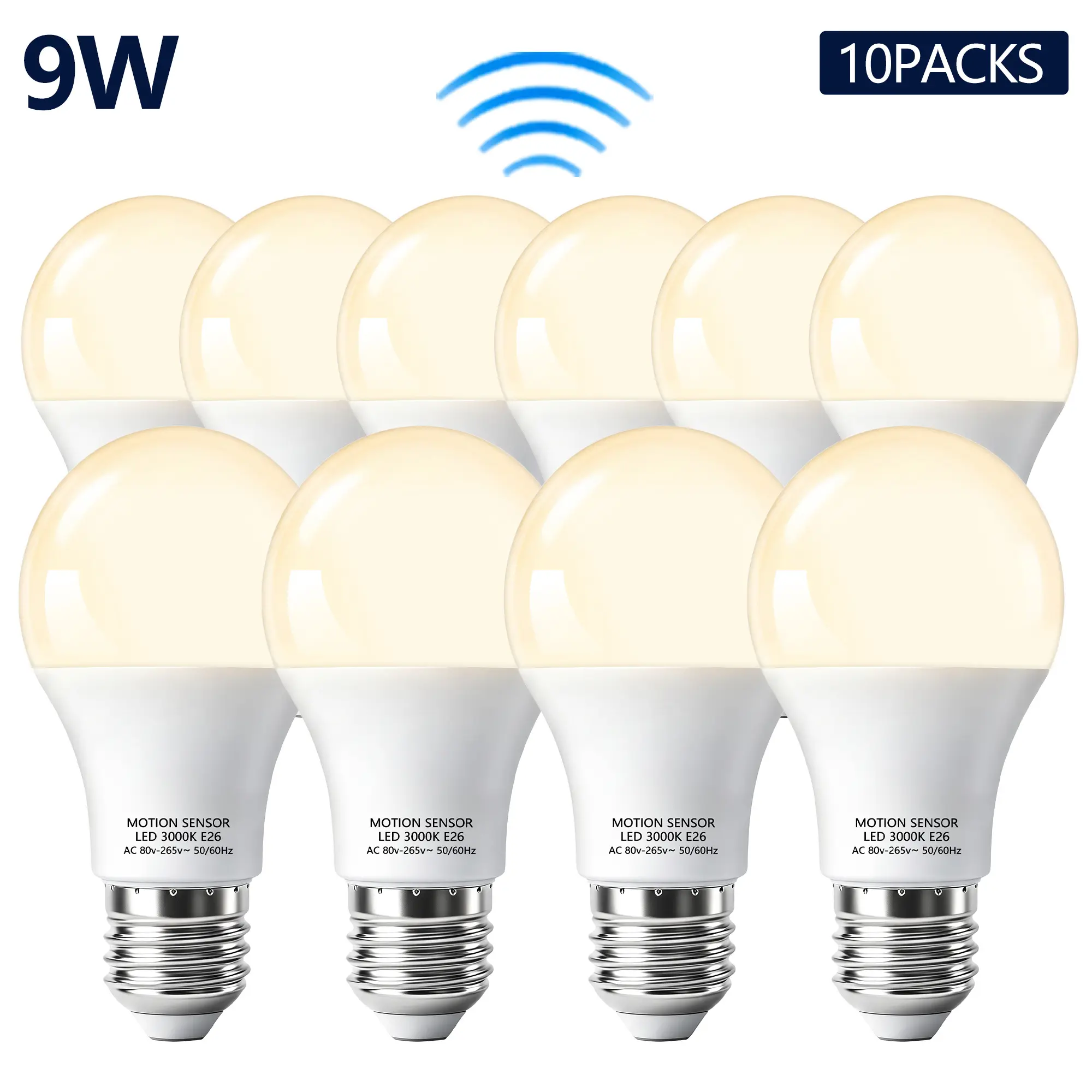 10-Pack 9W Power E27 LED Radar Sensor Bulb, 6500K Daylight White, Auto On/Off Microwave Motion Sensor for Stairs, Garage