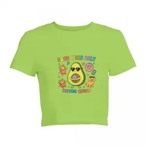 Women's Good Vibes Only Cute Avocado Snack Puppy Print Crop Top, Short Sleeve Crew Neck Cropped T-Shirt, Casual Y2K Summer Daily Streetwear Tee