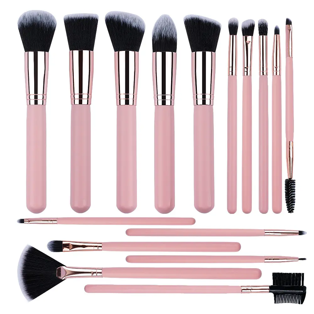 16-piece makeup brush set with matching pink wooden handles, professional high-end makeup brushes