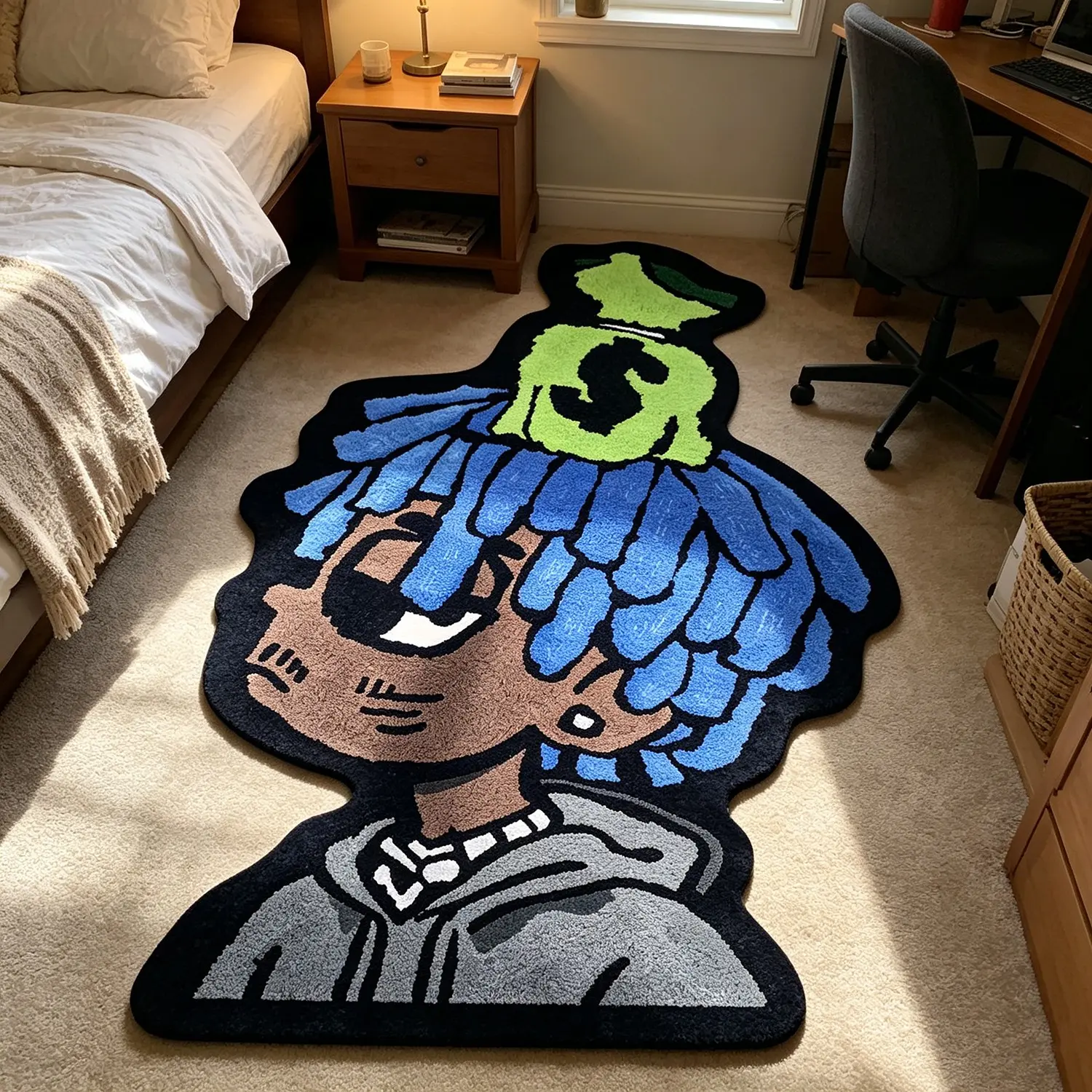 Funny American Hip-Hop Blue Hair Character Rug, Non-Slip Washable Carpet for Bedroom/game Room/living Room, Creative Gift Idea