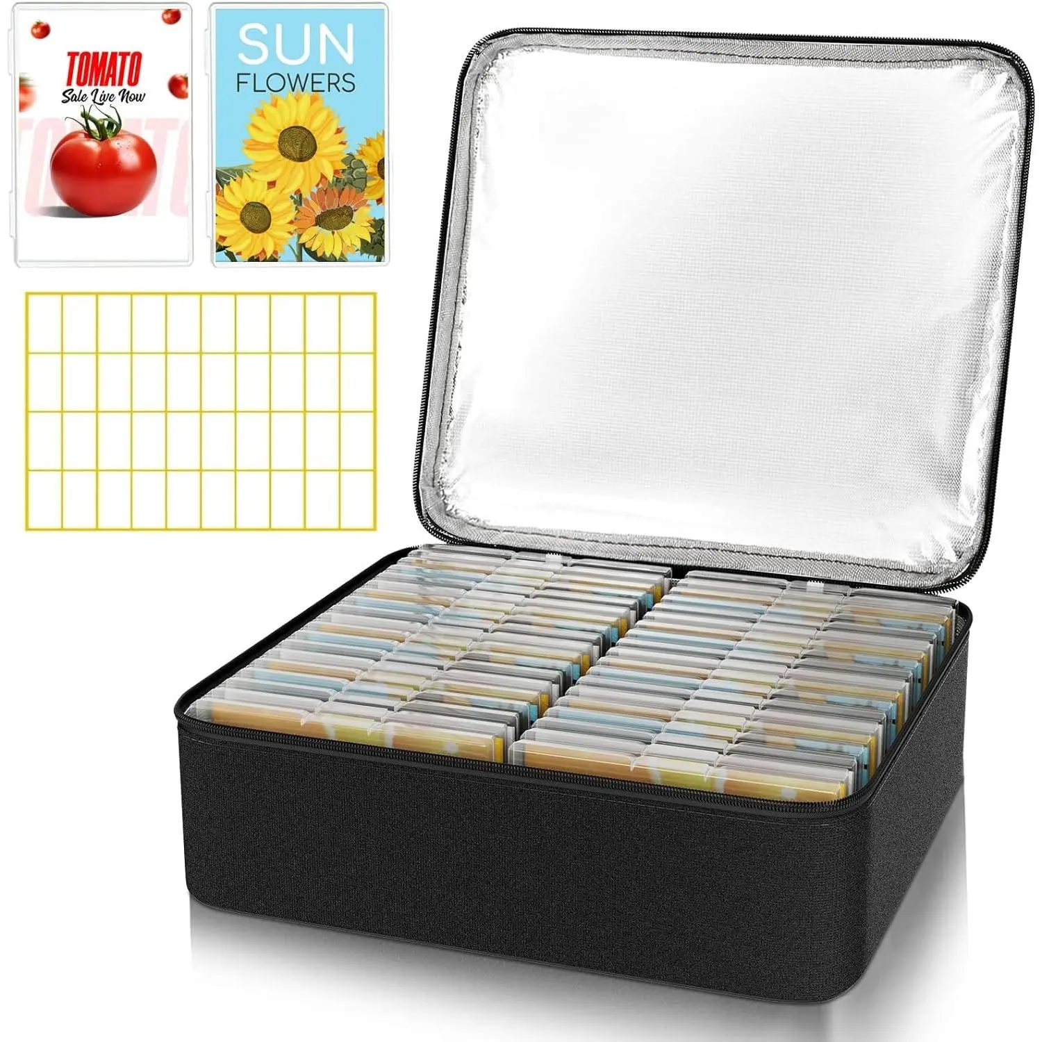 38 Slots Seed Storage Organizer Box with Insulated Bag Holds 80-200 Seed Envelopes, Oxford Cloth Garden Seed Containers with Labels for Plant Flower Vegetable Seeds