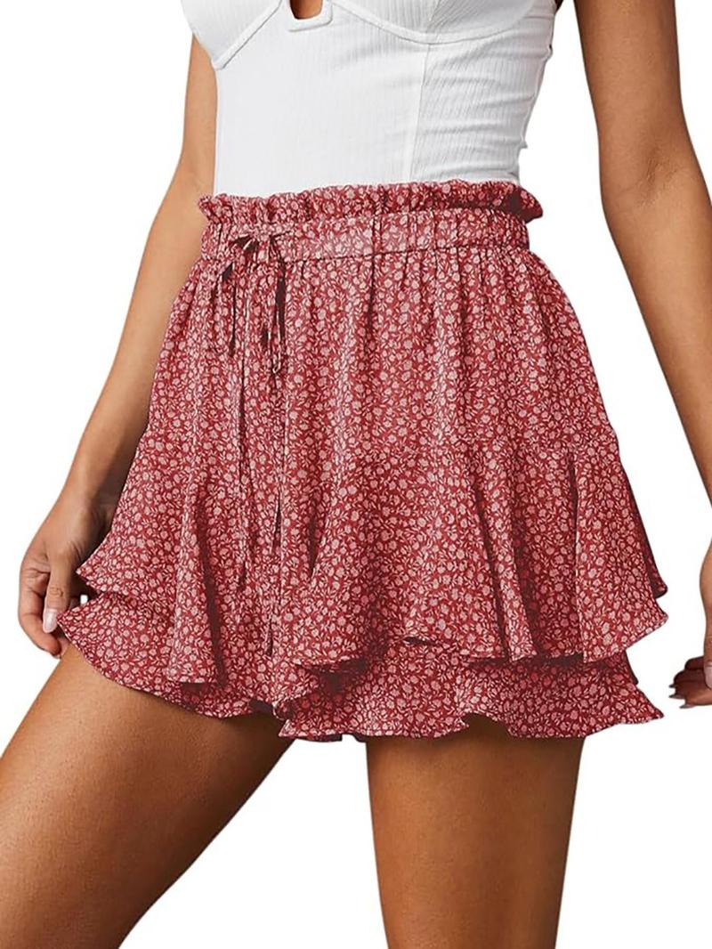 Women's Floral Print Ruffle Trim Pantskirt, Boho Hippie Skirt, Boho Fashion Casual Pantskirt for Daily Holiday Vacation Wear, Ladies Bottoms for Summer