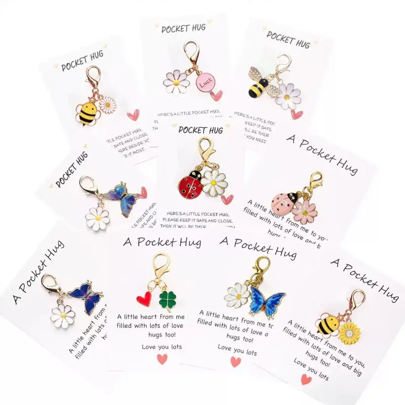 10 Piece Pocket Embrace Gift Set, Employee Appreciation Gifts, Keychain Memo Cards, Resin Butterfly Ladybug Flower Bee, Durable Card