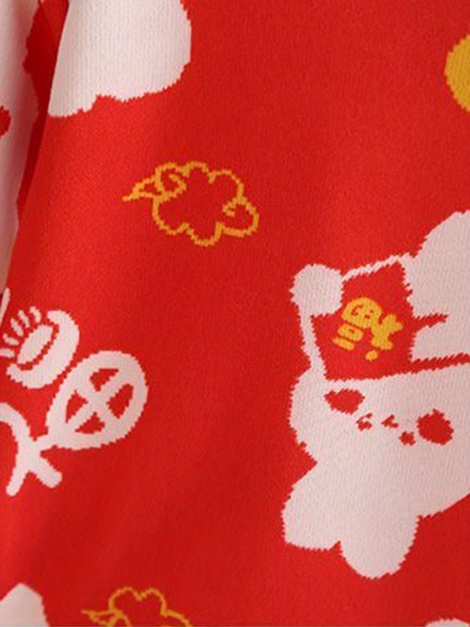 Girls' Red Cartoon Character Pullover Sweater - Cozy Long Sleeve Crew Neck with White & Yellow Accents, Soft Rayon Blend, Loose Fit for Fall/Winter, Perfect for Outdoor Play & Casual Wear, Cute Sweaters