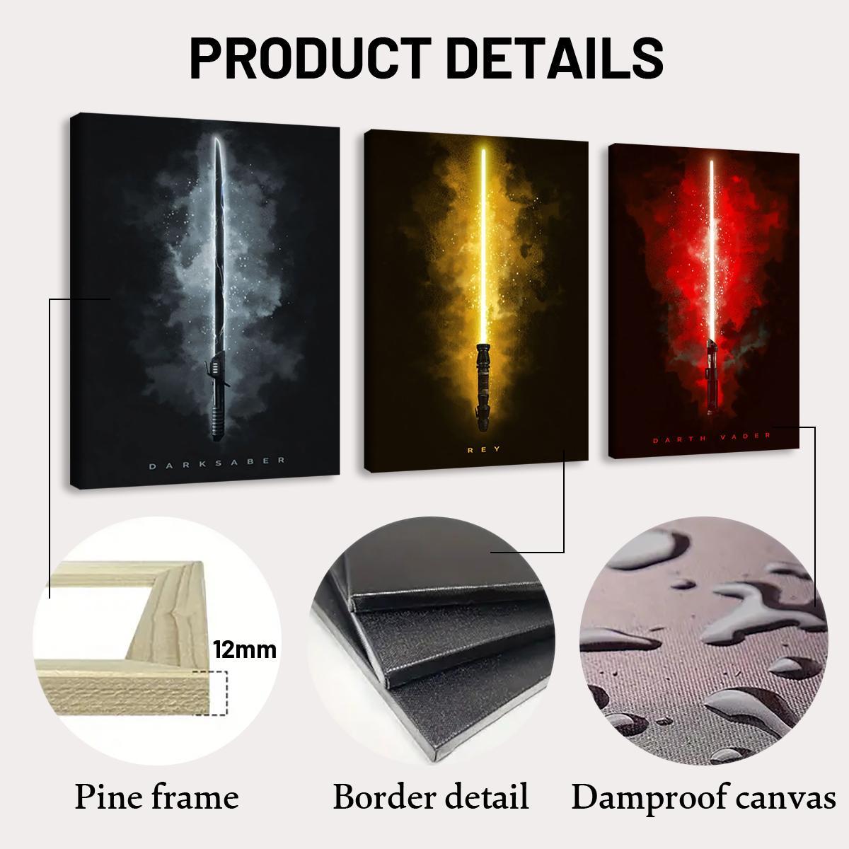 Wooden Framed Canvas Painting, 3 Counts/set Lightsaber Pattern Artistic Wall Art Poster, Home Decor Poster for Living Room Bedroom Office