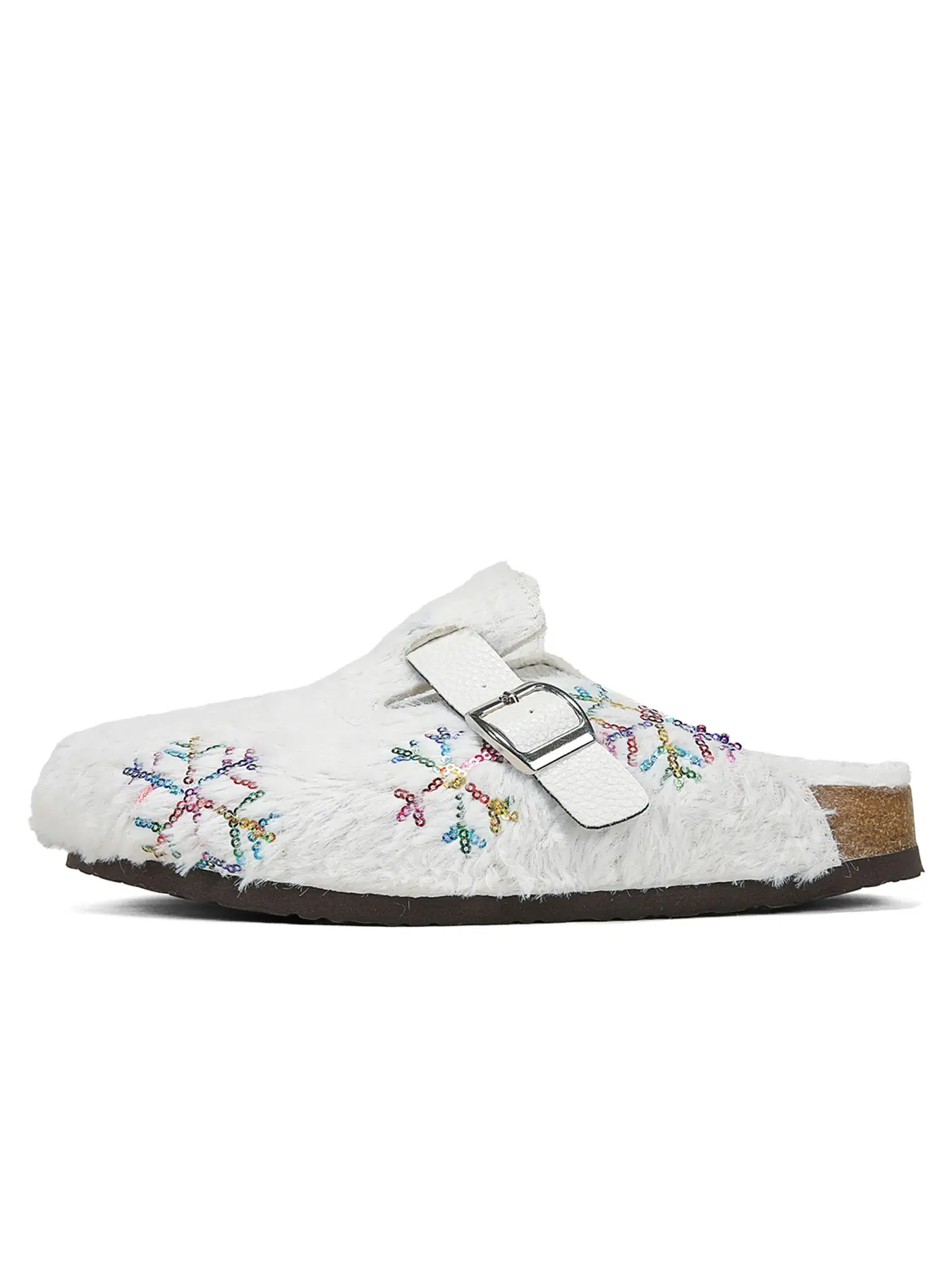 Shiny Colorful Sequin Snowflake Fuzzy Slip-On Slippers, Silver Adjustable Buckle, Warm Indoor Shoes, Couples' Winter Footwear