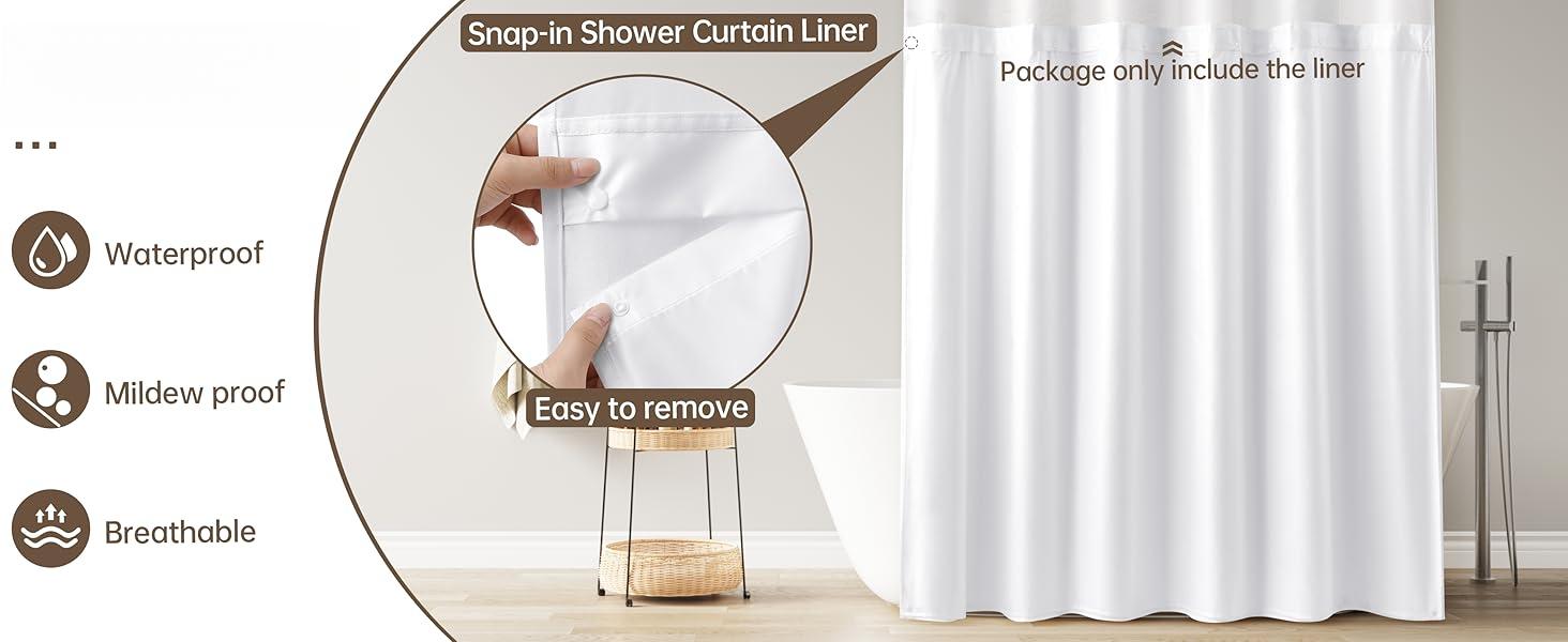 Fabric Snap-in Shower Curtain Liner Replacement 1 Pack with Magnets Compatible with 72"x72" Long Shower Curtain with Snap in Liner,Removable & Water-Repellent & Machine Washable White 70x54