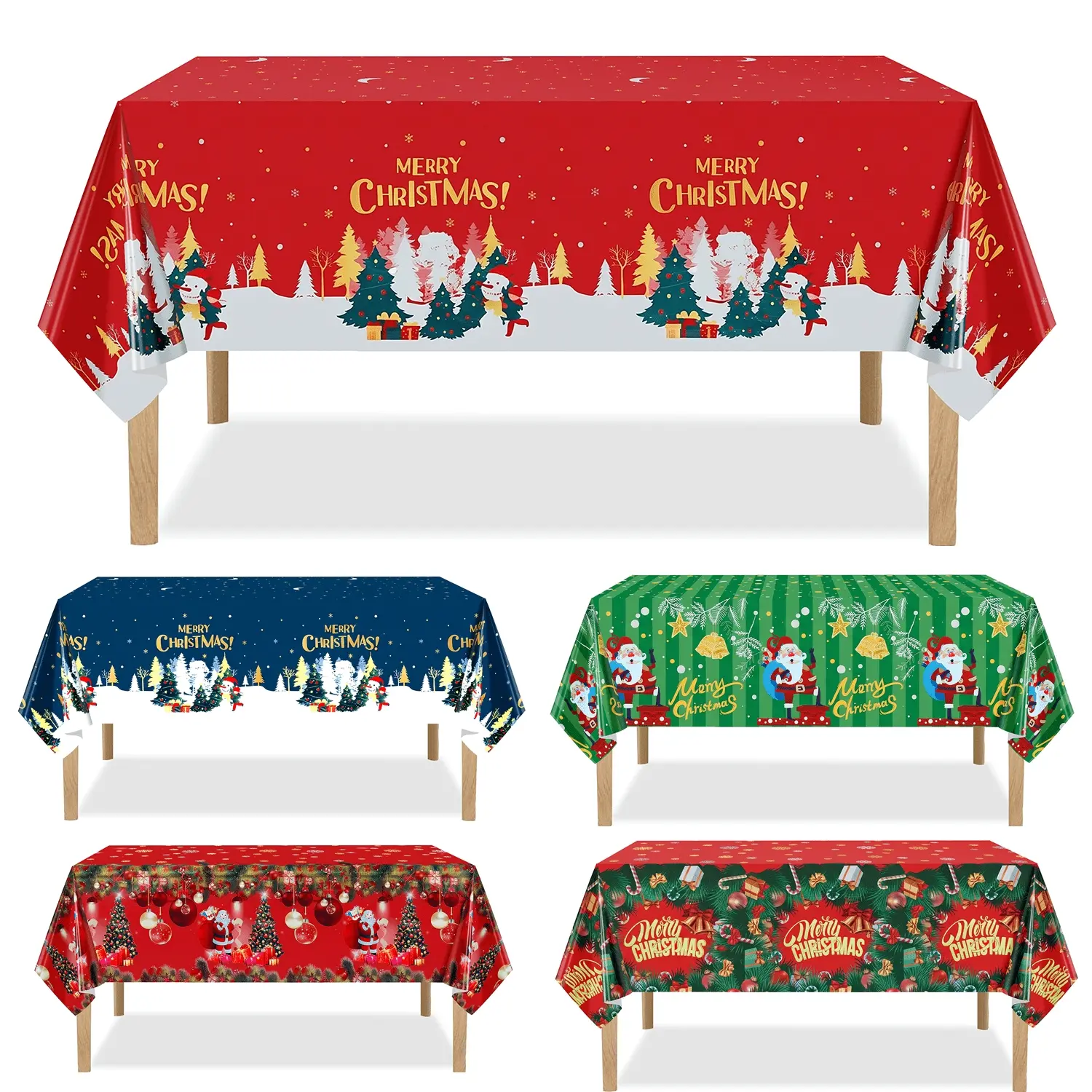 1 Pc Disposable Waterproof Aluminum Foil Christmas Rectangle Tablecloth, 54×72/54×108 Inch Red Green Multi Pattern Santa Tree Snow Print Decorative Table Cover for Holiday Dinner, Family Gathering and Christmas Party Decorations