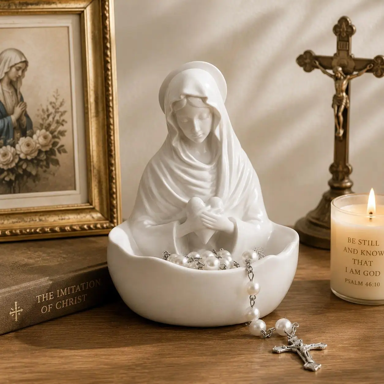 4.72-Inch Resin Blessed Virgin Mary Rosary Holder Statue, Catholic Elegant Faith Decor, Religious Ornaments, Dining Table Home Decoration Gift for Women, Baptism Christmas Souvenir