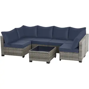 Aobtkel 7-Piece Outdoor Patio Furniture Set, All-Weather Wicker Rattan Sectional Sofa with Thick Cushions & Glass Table, Modular Patio Conversation Furniture for Backyard, Poolside & Garden (Grey-Blue) On-Site