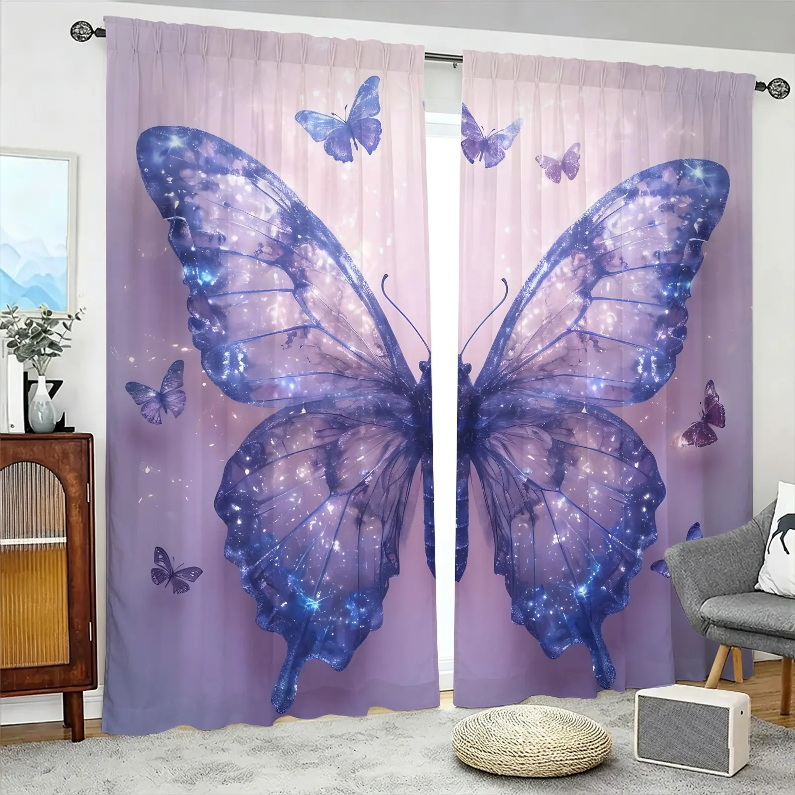 2-Pack Purple Glitter Butterfly Decorative Curtains, Soft Microfiber Rod-pocket Style Semi-sheer Privacy Curtains, Dreamy Aesthetic Window Drapes for Girls Bedroom Apartment Living Room Decor