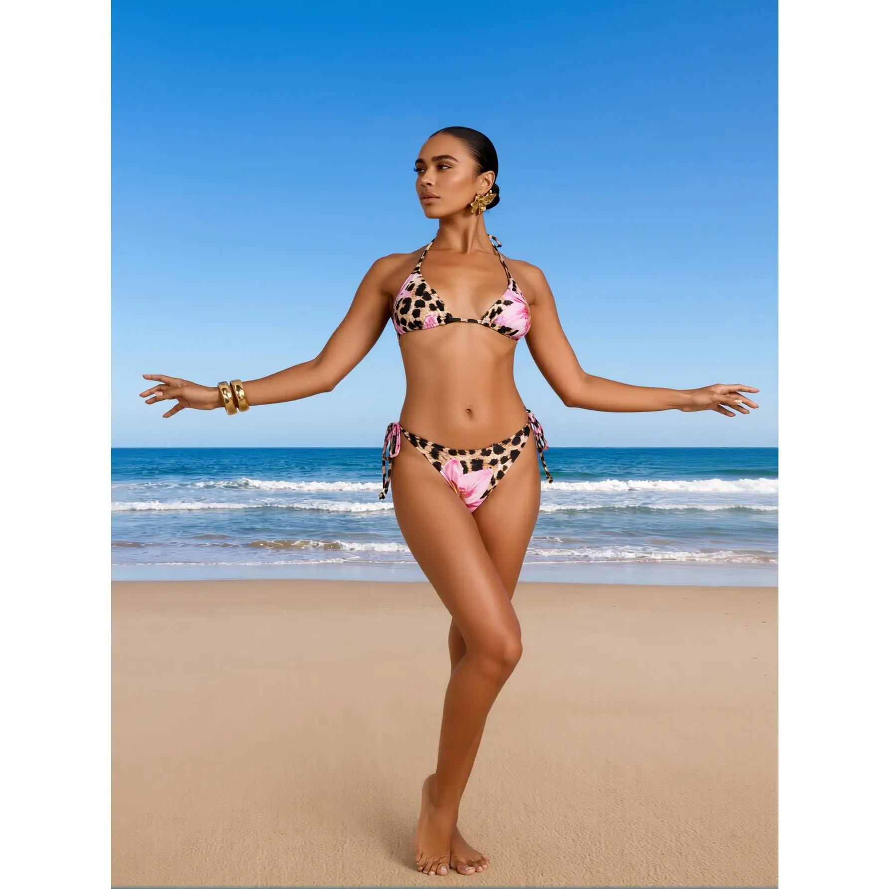 2026 New Sexy 2pcs Bikini Set: Leopard Print with Pink Floral Accent, Halter Triangle Top, Tie Side Bottom, Beach Style