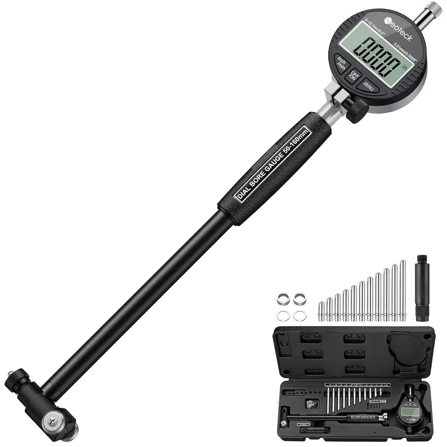 Neoteck Digital Cylinder Bore Gauge Set (2-6"/0.0005") with Self-Centering Dial, Carbide Anvils, Insulated Grips for Deep Engine Cylinder Measurement - Black, Cylinder Bore Gauges