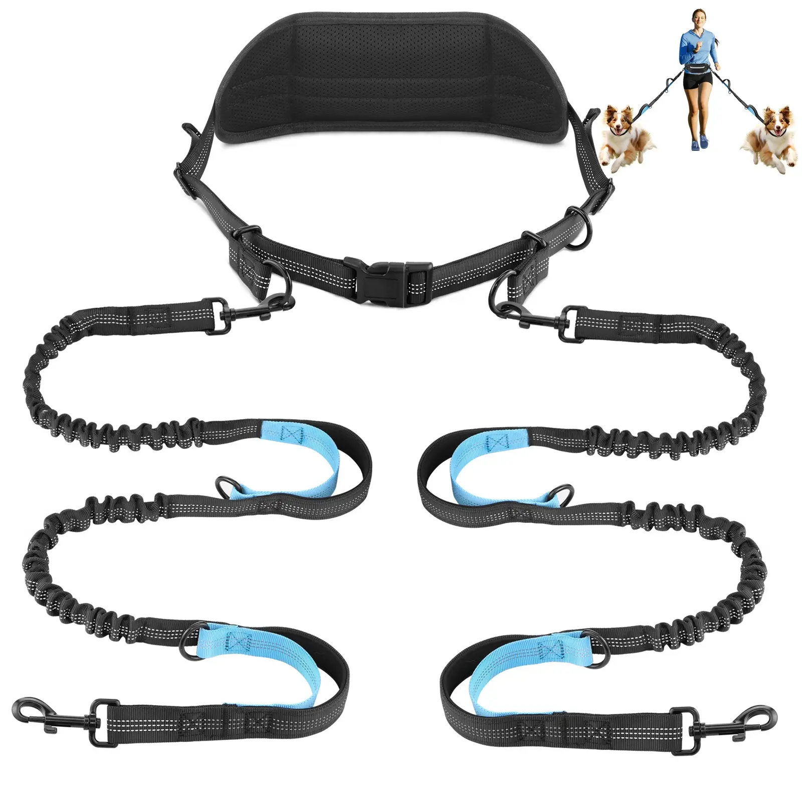 Double Strap Hands-Free Dog Leash with Waist Belt, Thickened Handle, Elastic Rope, Ideal for Large Dogs, Walking, Running, Training, Hiking, Active Lifestyle