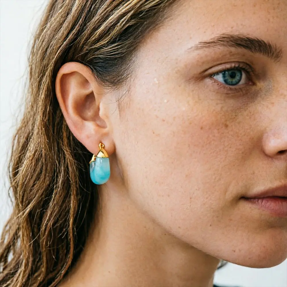 Natural Blue Cloudy Stone Teardrop Stud Earrings 1 Pair Gold Stainless Steel Cap Gemstone Drop Earrings Women Bohemian Daily Jewelry