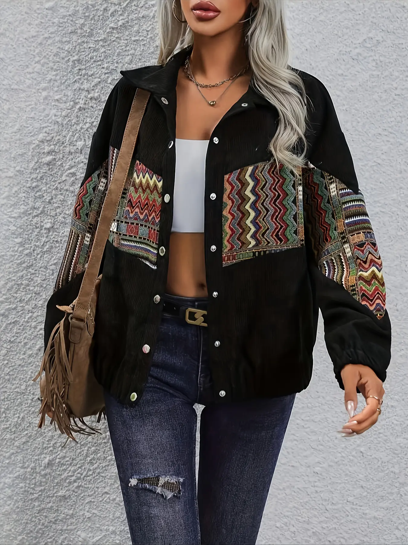 Women's Totem Embroidered Patchwork Woven Jacket Coat, Casual Daily Wear Outerwear, Stylish Ladies' Fashionable Clothing for Spring & Fall Seasons