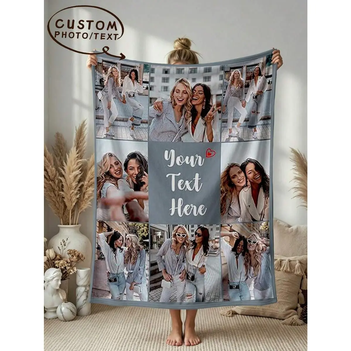 Custom Photo Throw Blanket, Custom 8 Photo Light Grey Border Bestie Throw Blanket, Middle Cursive Text Tiny Heart Girl Friendship Flannel Blanket # blankets