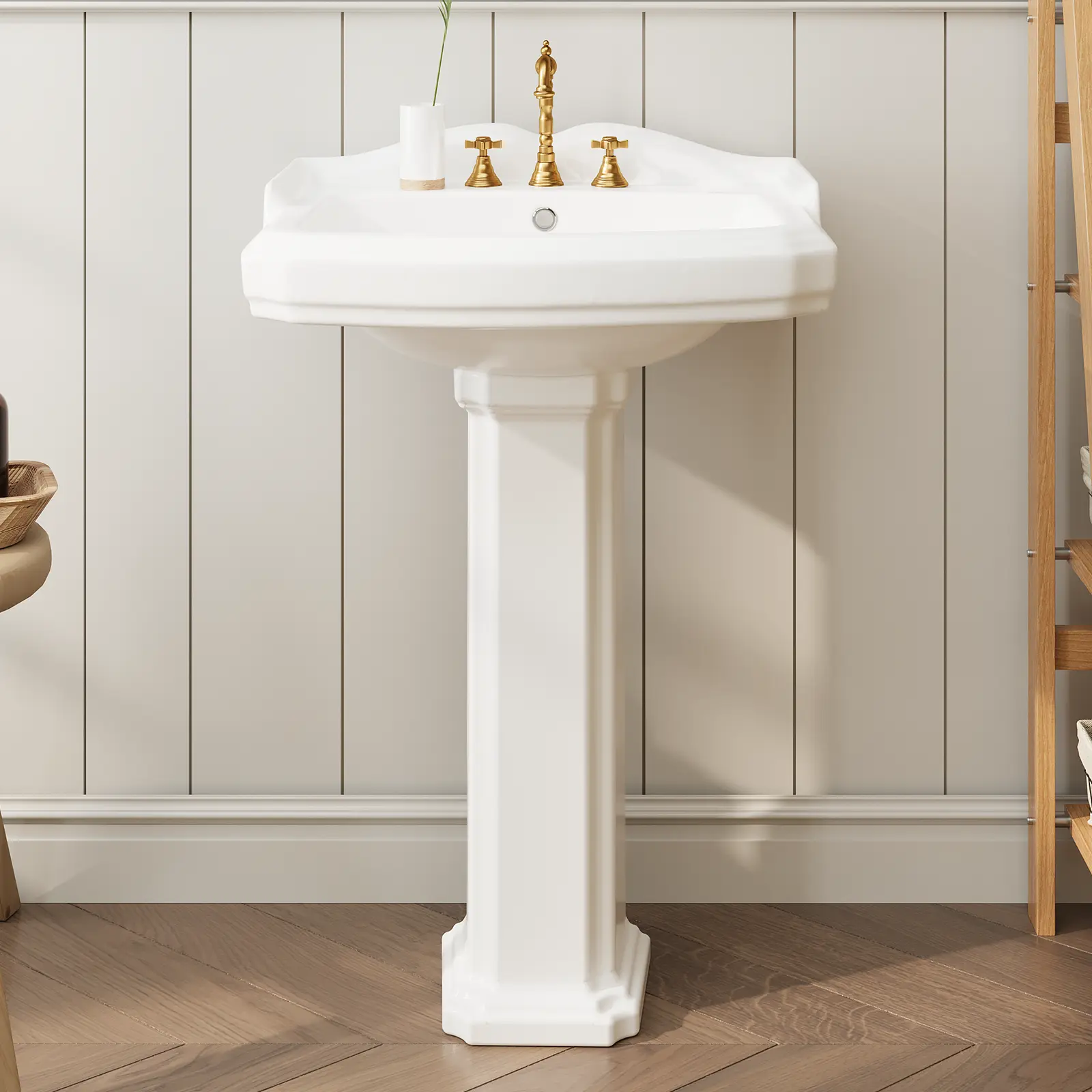 Bathroom Pedestal Sink 23 Inch x 19 Inch Classic Ceramic Basin with Backsplash, 3 Faucet Holes (8 Inch Widespread), Elegant Design for Vintage Spaces