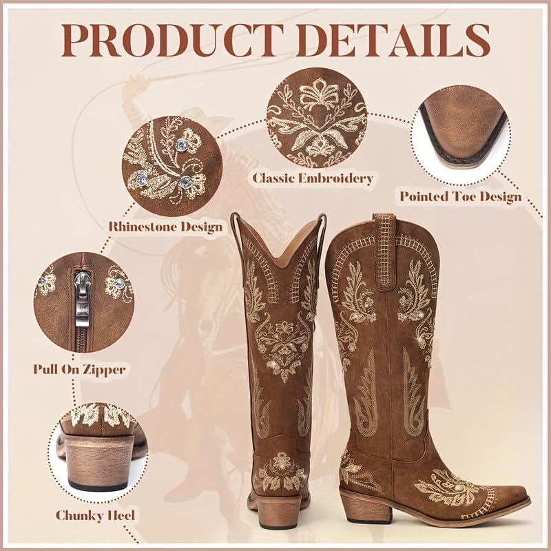 Brown Women's Cowboy Boot-Wide Calf Knee-Length Women Cowboy Boot, Shiny Shiny Rhinestone Western Country Boots, Classic Embroidery, Pointed Zipper Vintage Fashion High Leg Boot