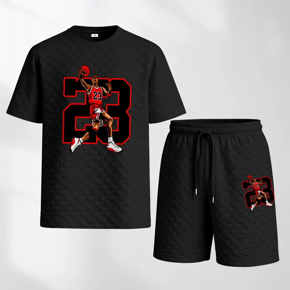Men's Spring And Summer No.23 Player Print With Red And Black Line Checkered Fabric Drawstring Shorts Set, Casual Summer Outfit With Short-Sleeved Shirt And Shorts, Ideal For Everyday Wear And Sports Activities