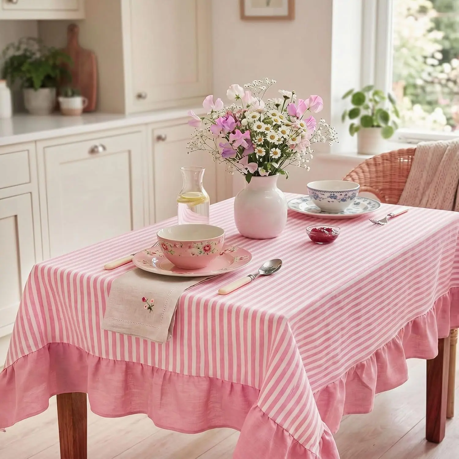 Mindsoft Pink Striped Rectangular Cotton Linen Ruffled Tablecloth, 52x70in, Wrinkle-Free Machine-Washable Tablecover for Farmhouse Home Decor, Birthday Party, Outdoor Use