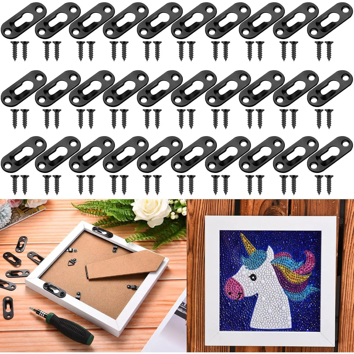 30 Pcs Black Metal Keyhole Picture Hangers, 43x16mm Single Keyhole Mount Fasteners with 60 Screws for Baby Room Wall Decor, Frames, Mirrors (Baby & Maternity Wall Hanging Mount), No Warning Applicable