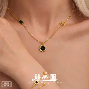 Mili English Love Roman Numerals Black and White Shell Necklace Bracelet Stainless Steel 18k Gold Plated Personalized