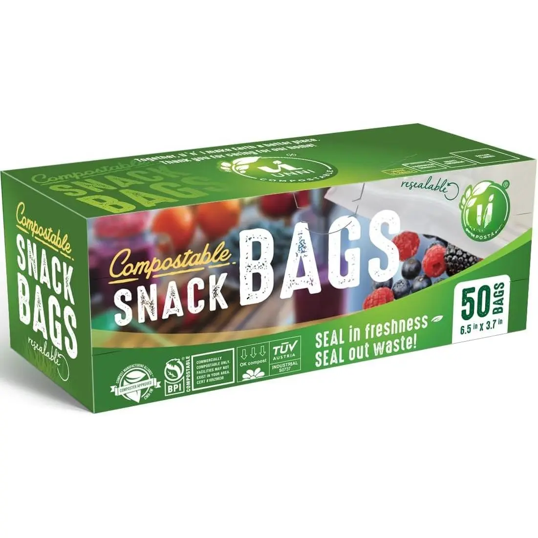 Compostable Snack Bags, Resealable Compostable  Storage Bags, 50 Count, 6.5 x 3.7 inches, Earth Friendly Highest ASTM D6400,  BPI, CMA &  OK Compost Certified, San