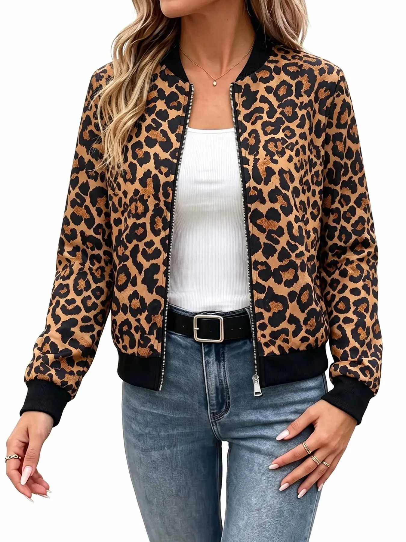 Women's Leopard Print Zipper Pilot Jacket, Ribbed Hem Long Sleeve Streetwear Top, Fall Commute Travel Loose Outer Coat, Women's Jacket, Autumn Winter, Casual Comfy Jacket