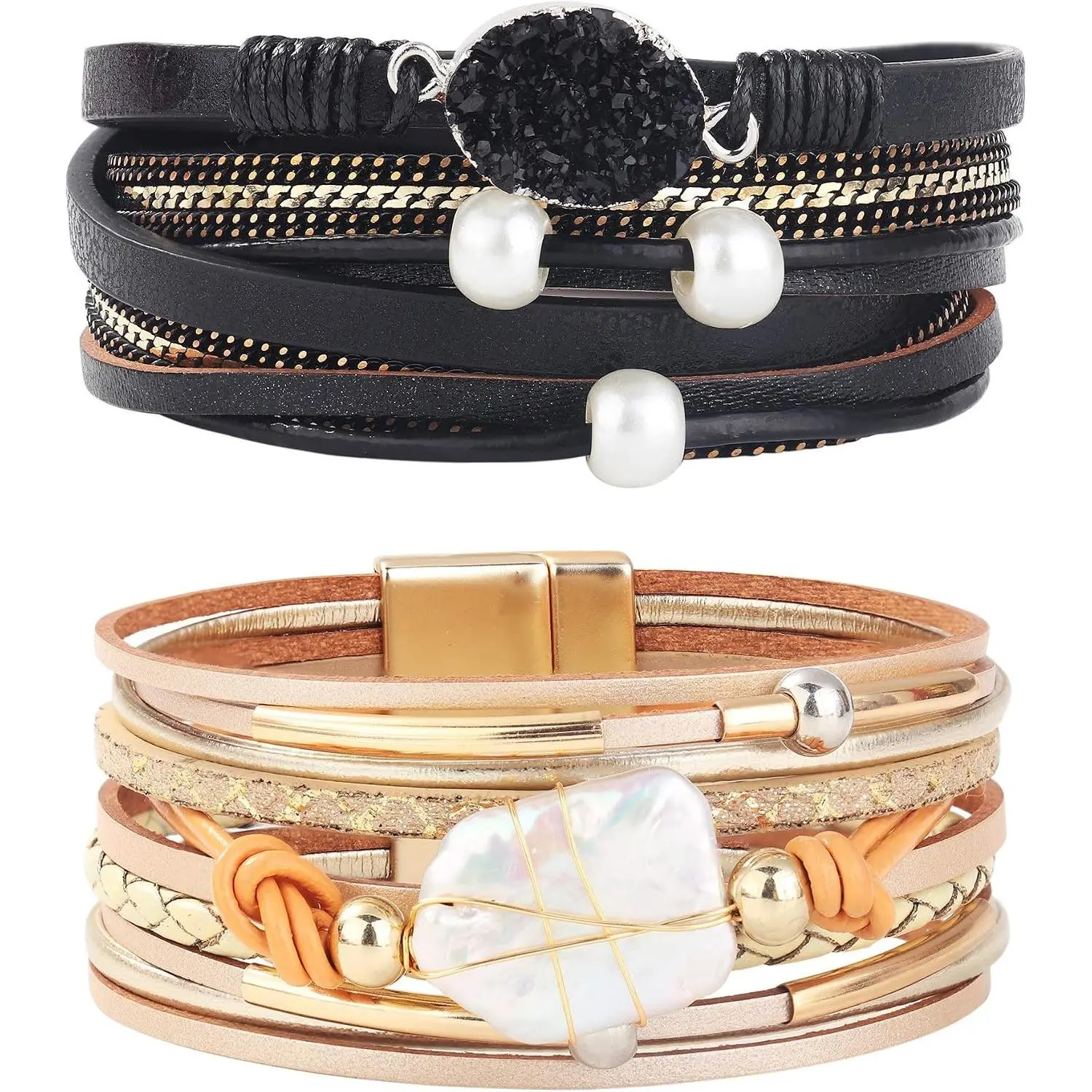 Leather Cuff Bracelet for Women, Elegant Handmade Multi-Layer Wrap with Natural Baroque Pearl and Druzy Stone, Durable with Magnetic Clasp, Beaded Pearl Bracelets & Bangles, 15In=38Cm, Casual, Baroque Pearls, Wrist Stack