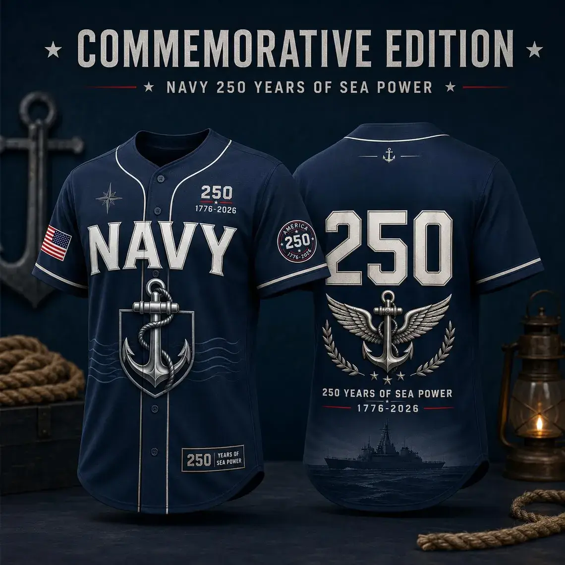Navy 250th Anniversary Baseball Jersey, US Navy Veteran Shirt,250 Years of Sea Power Gift,America 250  Name Apparel,Independence Day celebration gift - suitable for men, women and families. T-shirt